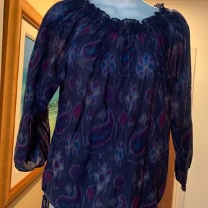 Lucky Brand Blue Purple Ikat Print 3/4 Sleeve Cotton Top Size S, EUC Side Ties